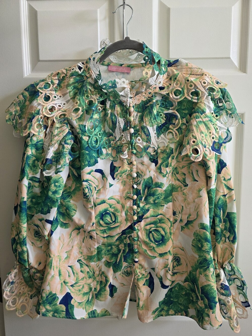 JJ's Fairyland Emilia Floral Button Down Blouse Statement Lace Collar Size Large